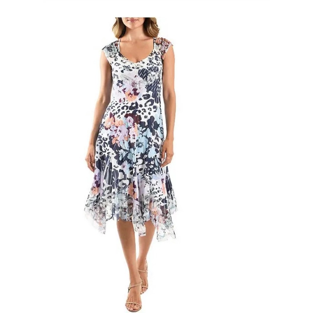 Komarov V-Neck Lace Midi Dress XS Floral Asymmetrical Hem Cape Sleeve Wedding